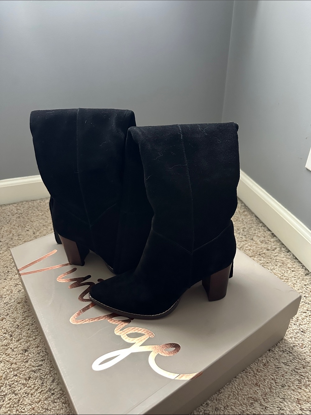 Crown Vintage Black Suede Over-the-knee Block Heel Boots